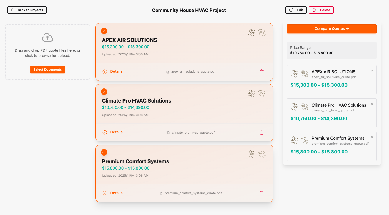 Quote comparison interface showing multiple vendor quotes side by side